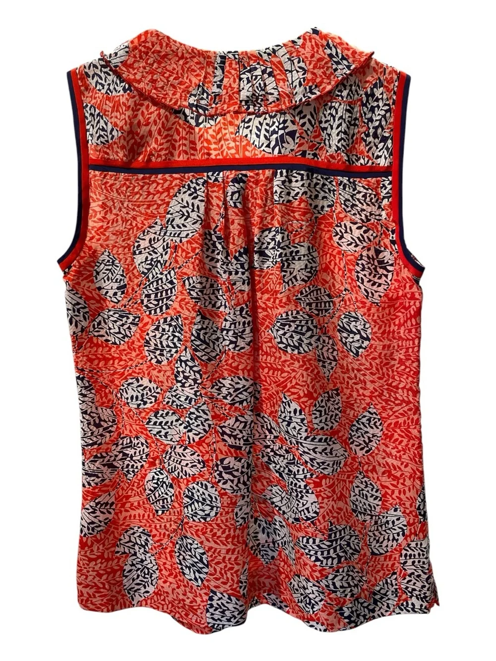 Tory Burch Coral and Navy Leaf-Print Ruffle Sleeveless Top